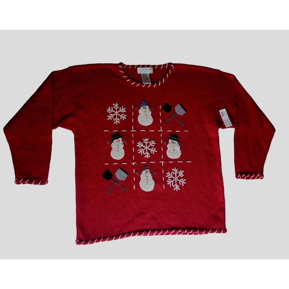 Mandal Bay Christmas Snowman Sweater Women's L Red Embroidered Tic Tac Toe NEW